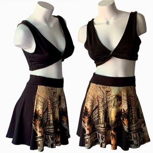 Hollywood+San Francisco graphic print & black skater micro mini skirt - M